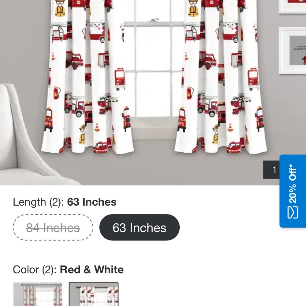 Red and White Make A Wish Firetruck  Curtains 63 Inch Length